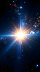 Bright Starburst in Dark Space with Blue and Yellow Hues
