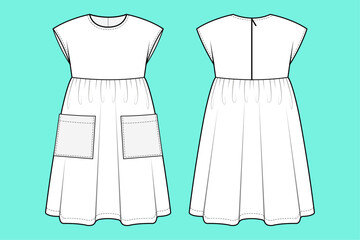 Baby girls crew neck long leg Dress technical drawing fashion flat sketch vector illustration template front and back views outline CAD mockup.