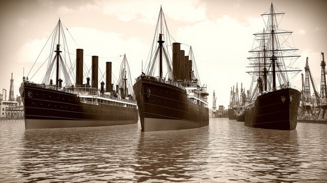 Historic steamships and sailing ships docked in a busy port with a vintage sepia tone
