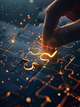 Business hand touch jigsaw conection, innovation visionary leadership.