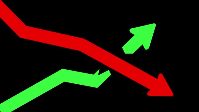 Up and down arrow graph animation. Green growth and red decline arrows showing market trend on black background
