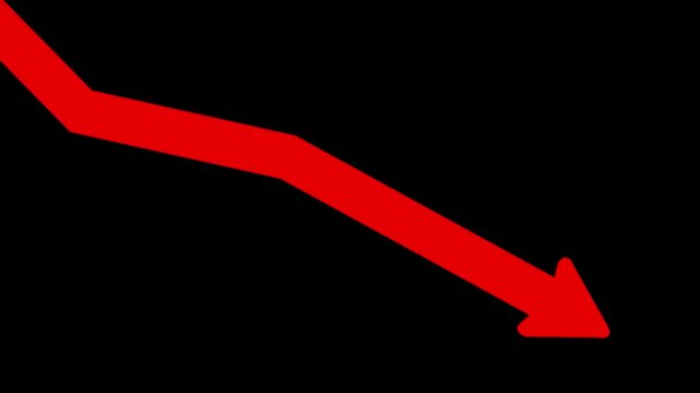 Red trending downward arrow signifies recession, loss, failure and economic decline on black background