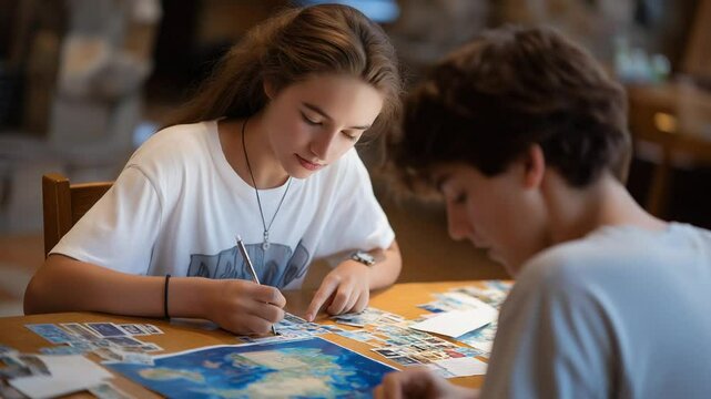 Vibrant global pen pal exchange featuring colorful letters and diverse international stamps.