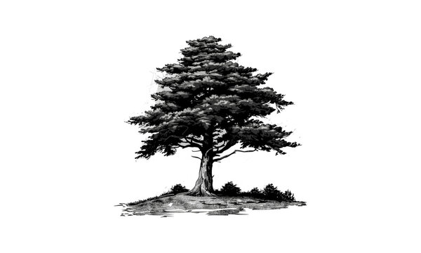 Lebanon Cedar Tree Vector Illustration, Lebanese forest, botanical tree drawing, nature artwork, cedar wood, forest landscape, tree silhouette, eco-friendly design.