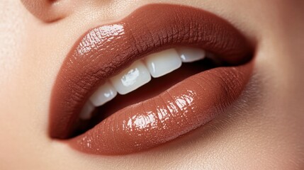 Fototapeta premium Sensual Brown Lips: A close-up shot of luscious, full brown lips and perfectly aligned teeth, highlighting beauty and allure.