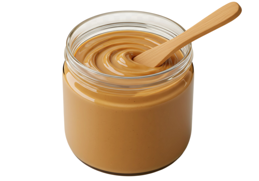Peanut butter in glass jar with wooden spatula isolated on transparent background