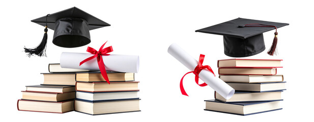 Graduation Cap Tossed in Air Above Stack of Books and Diploma Transparent Background PNG