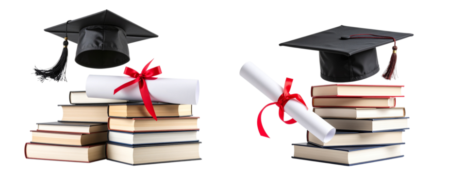 Graduation Cap Tossed in Air Above Stack of Books and Diploma Transparent Background PNG