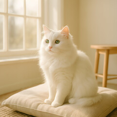 Elegant White Fluffy Cat in Sunlit Room, Generated AI