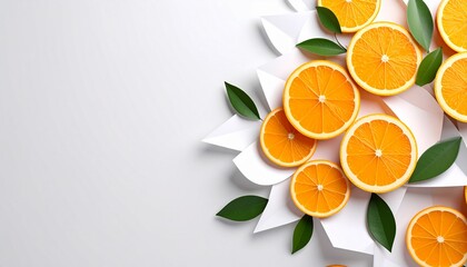 Abstract Orange Slices and Leaves on Layered White Paper Background