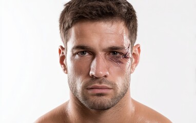 Obraz premium Serious male portrait; injured face, intense emotion. Ideal for film, TV, medical, or advertising.