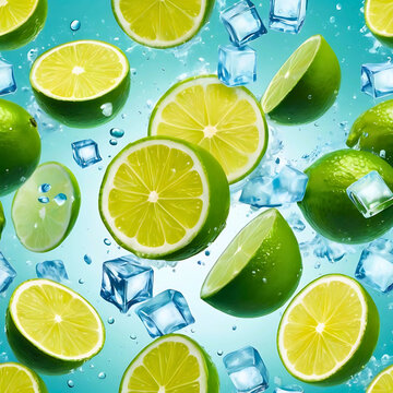 Juicy lime slices with ice cubes and water splash on a fresh blue background, vibrant and refreshing