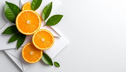 Abstract Orange Slices and Leaves on Layered White Paper Background