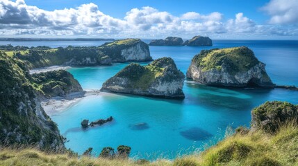 Fototapeta premium Breathtaking Coastal Paradise: Turquoise Waters Embrace Lush Islands