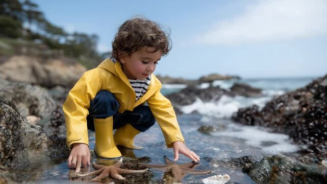 A child discovers starfish and crabs in a tide pool on a rocky shore.