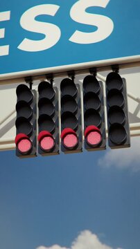 Close up of the formula one car racing starting lights sequence signalling the beginning of the race. 3d animation rendering