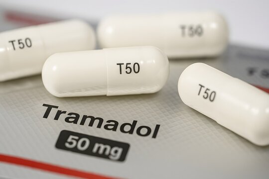 high-resolution close-up of tramadol 50 mg capsules labeled t50 on blister pack, used for pain relief and opioid therapy, ideal for pharmaceutical or medical stock visuals
