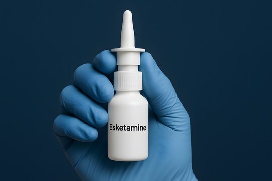 medical gloved hand holding esketamine nasal spray bottle against a dark blue clinical backdrop, ideal for psychiatry, depression therapy, or ketamine treatment visuals
