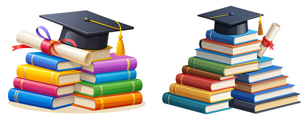 Graduation Concept with Books Forming Steps Leading to Cap and Diploma  Transparent Background PNG