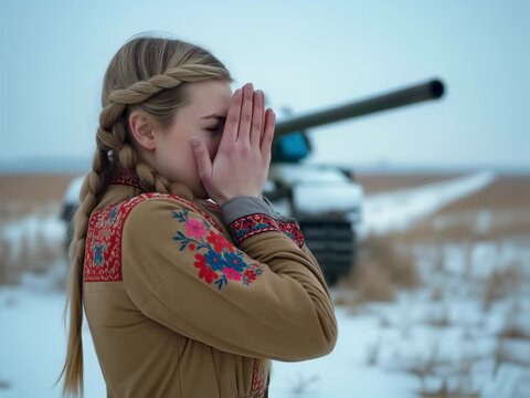 A solemn Ukrainian woman with braided blonde hair, wearing a traditional embroidered vyshyvanka, stands in a war-torn field in eastern Ukraine during a bleak, overcast winter day. The ground is covere