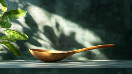 Wooden bowl and spoon on a shelf, illuminated by sunlight.