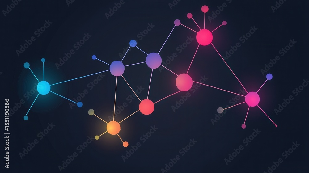 Wall mural productivity tools focus apps concept. abstract network of colorful nodes and connections on a dark 