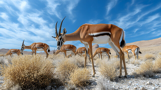 Springbok antelope herd grazing under blue sky - Powered by Adobe