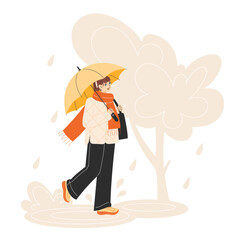 Young Woman Walking with Umbrella in Rainy Autumn Park Wearing Warm Jacket and Sneakers Flat Style Illustration