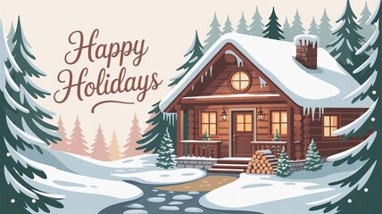 Happy Holidays winter greeting card with cozy snow-covered cabin in forest. Festive Christmas illustration with warm lights and pine trees
