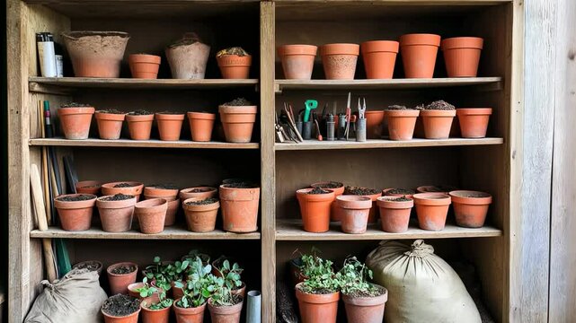Wooden shelving unit filled with terracotta pots, soil, and gardening tools