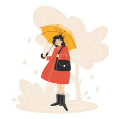 Young Woman in Red Coat Walking with Yellow Umbrella in Rainy Autumn Park Flat Style Illustration