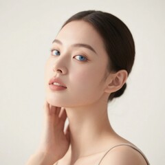 Fototapeta premium A person with smooth skin and blue eyes, hand gently touching their face against a soft background.