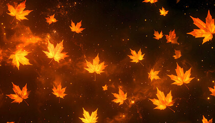 Glowing Orange Maple Leaves Falling on Dark Background