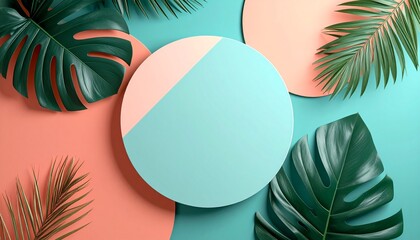 Circular Mockup with Tropical Leaves on Teal and Coral Background