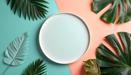 Circular Mockup with Tropical Leaves on Teal and Coral Background