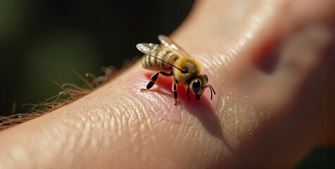 Close-up of a bee stinging a human hand, showcasing immediate allergic reaction on the skin. Captivating image illustrating the impact of insect stings on human health.