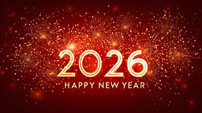 Sparkling Fireworks for Happy New Year 2026 banner template on dark background