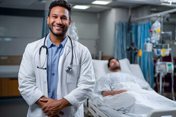 Indian Doctor Standing In Hospital Room Providing Health Care Treatment To Young Male Patient Resting On Bed
