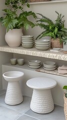 Artistic showcase of handcrafted ceramics with vibrant flora arrangement