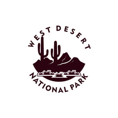 A flat vector illustration of a desert with cactus trees, dry grass, sandy terrain and warm earthy tones decorated with san serif text perfect for business, travel agent or national park logo