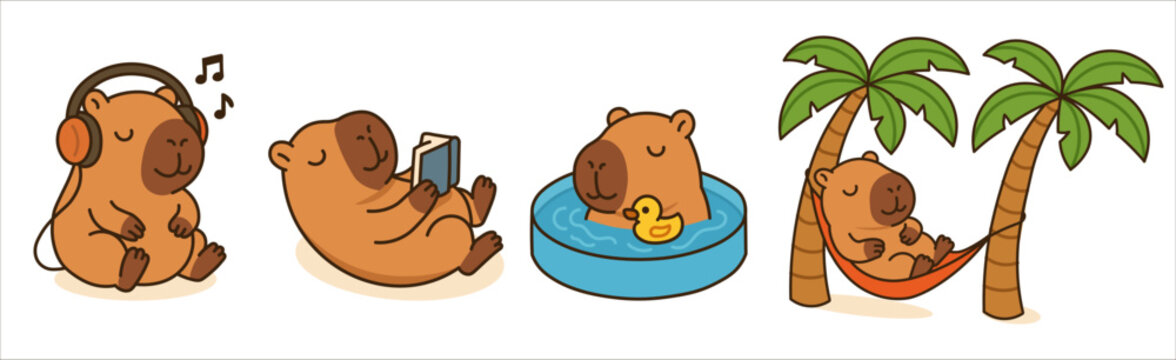 Cute capybara doing relaxing activities: listening to music, reading, bathing, and resting in a hammock under palm trees. Adorable cartoon animal lifestyle set.