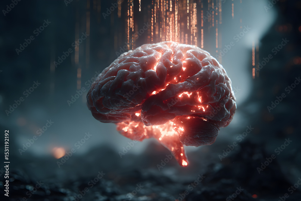 Poster digital brain surrounded by binary code, futuristic design, ai concept