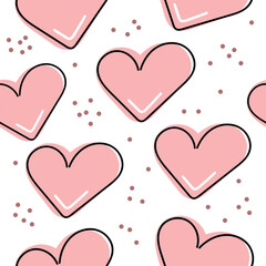 Hand drawn hearts seamless pattern. Continuous line drawing of a heart, black and white vector minimalist love concept illustration.