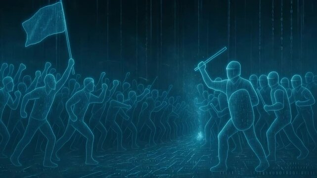 A dynamic, digital representation of a protest scene, featuring abstract figures holding flags and batons, illustrating the themes of conflict and social justice in a futuristic st