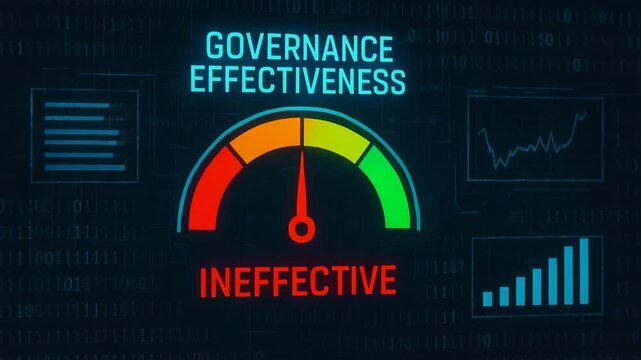 This image depicts a governance effectiveness meter, highlighting the contrast between effective and ineffective governance with visual data representation.