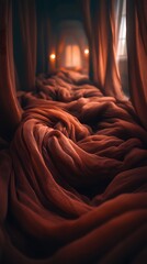 Mysterious passageway with dark red fabric and distant candlelight glow