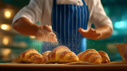 Baker in striped apron sprinkles flour on golden croissants in artisan kitchen. Warm inviting setting with rustic wooden table. Concept of baking, culinary arts, pastry shop