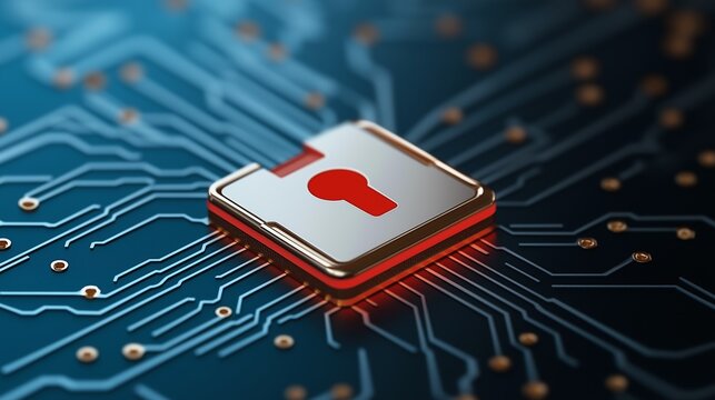Metallic red keyhole chip on blue circuit board with electric lines and shallow depth of field. Concept of cybersecurity - Powered by Adobe
