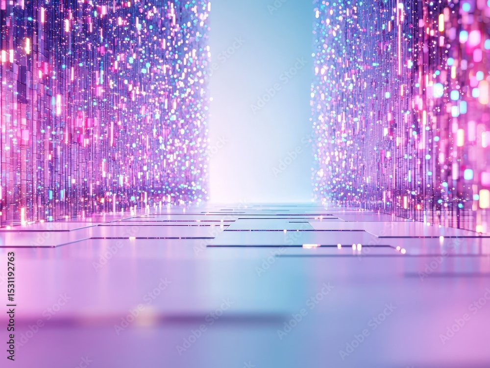 Fototapete abstract 3d render of glowing pink and purple particles floating above gradient background