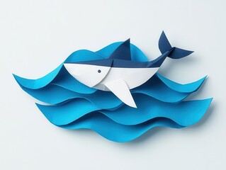 Origami leviathan emerging from an origami ocean, massive paper fins slicing through the waves
